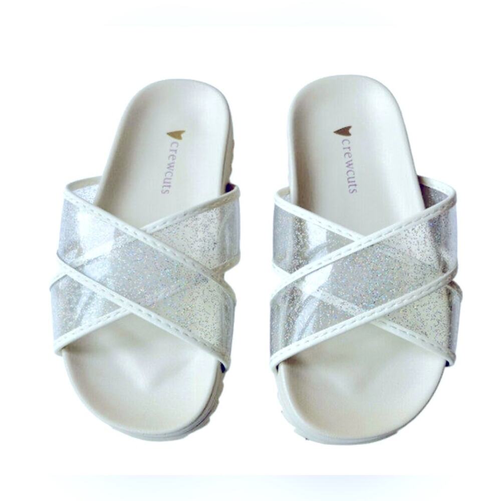 Crewcuts White Glitter Cross Strap Slide On Sandals multiple sizes